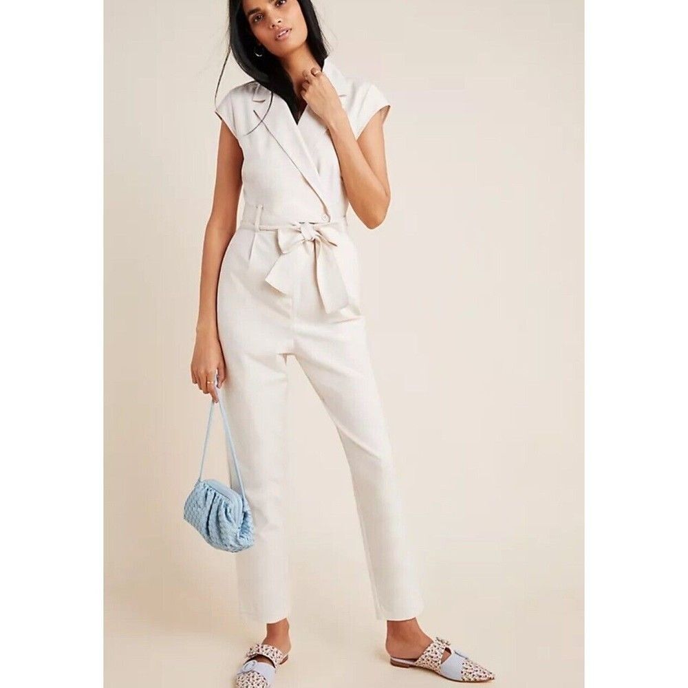 Anthropologie Eliza Utility Straight Leg Jumpsuit In Off White Size 0
